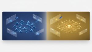 Split-screen AI interface: left blue node hub; right yellow expert node with pathways.