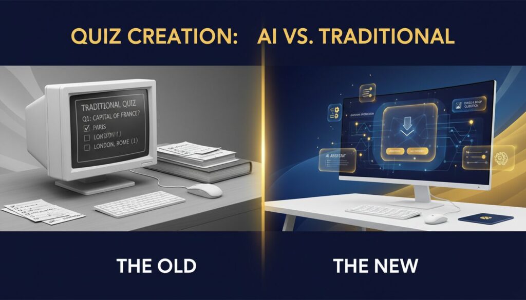 Split-screen banner: traditional quiz vs. modern AI-powered quiz platform, tech-forward contrast.