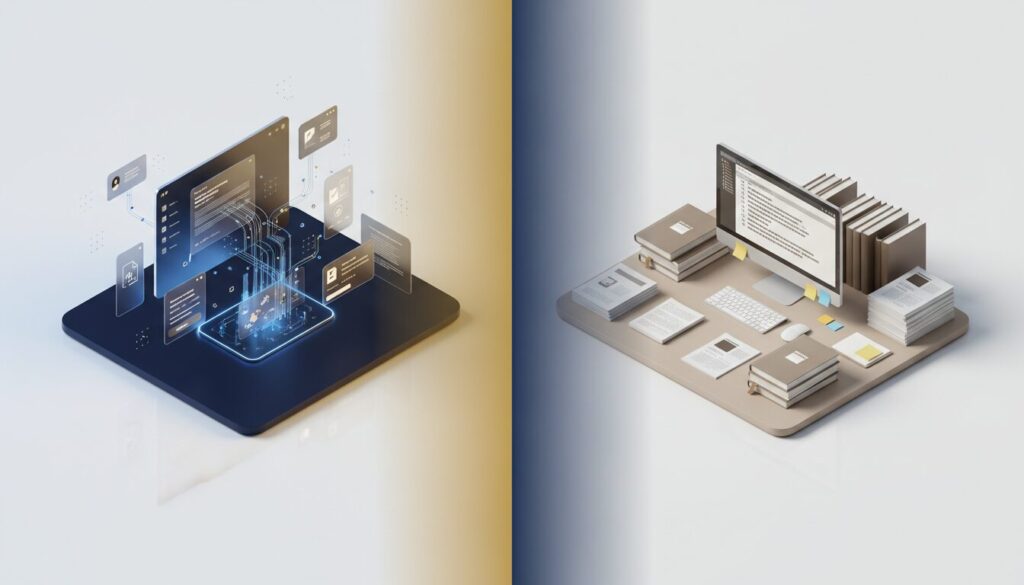 Split-screen of AI interface with neural nodes and traditional paper manuals on a clean desk.