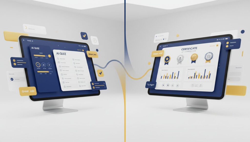 Split-screen of AI quiz interface and results dashboard with blue and yellow accents.