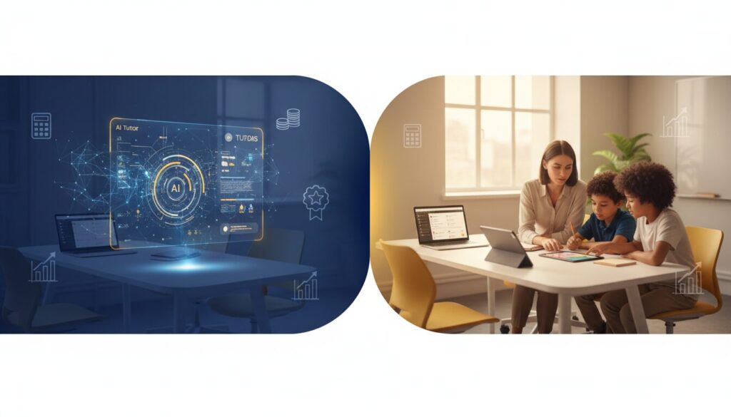 Split-screen of AI tutor interface and human tutoring session, deep blues and golden yellows.
