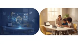 Split-screen of AI tutor interface and human tutoring session, deep blues and golden yellows.