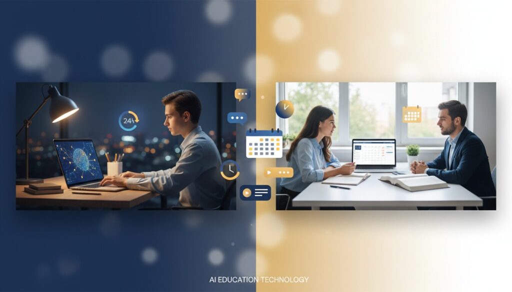 Split-screen of nighttime AI study and daytime tutoring, with modern UI elements.
