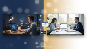 Split-screen of nighttime AI study and daytime tutoring, with modern UI elements.