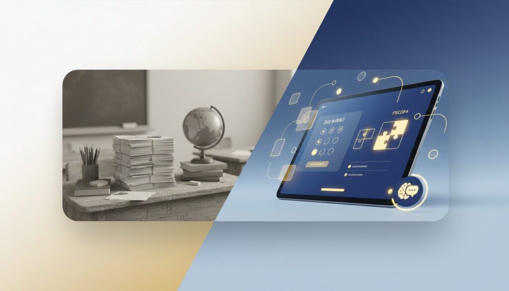 Split-screen of traditional desk with papers vs. interactive digital tablet interface.