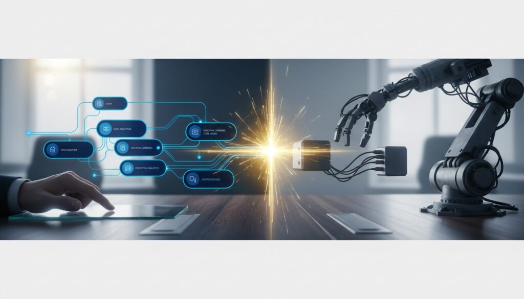 Split-screen tech banner: custom AI interface vs generic robotic solution, glowing connections, modern workspace.