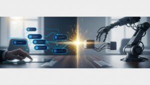 Split-screen tech banner: custom AI interface vs generic robotic solution, glowing connections, modern workspace.
