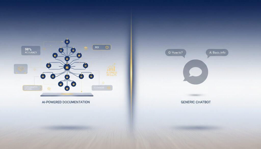 Split-screen tech comparison: 3D AI interface vs. chatbot icon, deep blue and yellow accents, modern B2B style.
