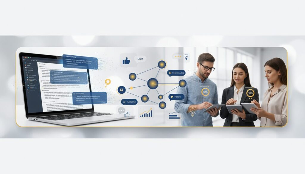 Split-screen with laptop AI feedback, professionals using tablets, and drag-and-drop workflow in modern workspace.