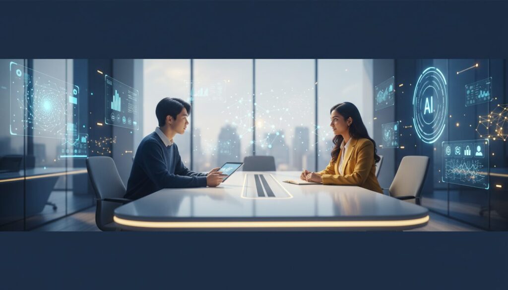 Student and AI professional in modern workspace, engaging with digital interfaces.