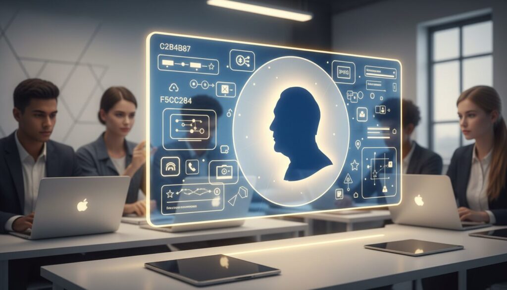 Students engage with digital screen displaying Churchill silhouette, blue-yellow accents, sleek classroom tech.