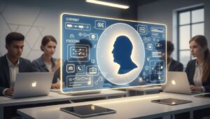 Students engage with digital screen displaying Churchill silhouette, blue-yellow accents, sleek classroom tech.