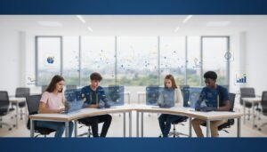 Students with tablets, holographic AI interfaces, neural pathways in modern classroom.