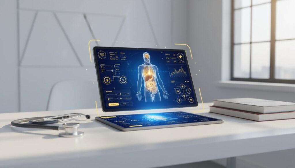 Tablet displays 3D medical interface with holographic vitals, anatomical diagrams, on a white desk in a modern medical facility.
