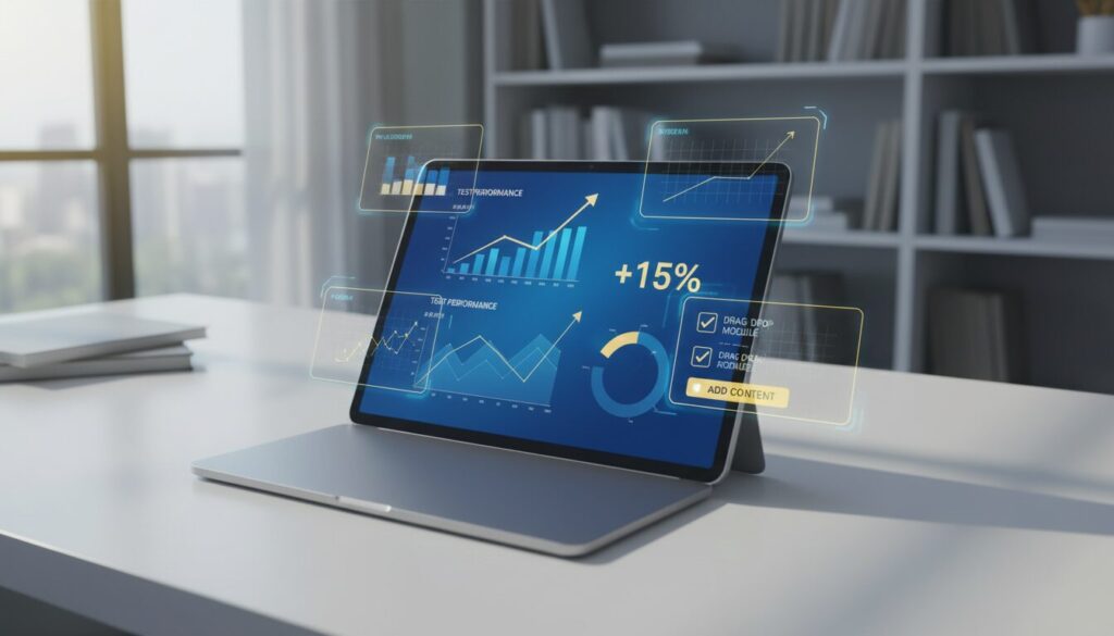 Tablet with performance dashboard, holographic charts in a bright study setting.