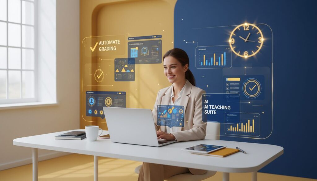 Teacher at desk with laptop, holographic UI elements, AI tools, deep blue and gold theme.