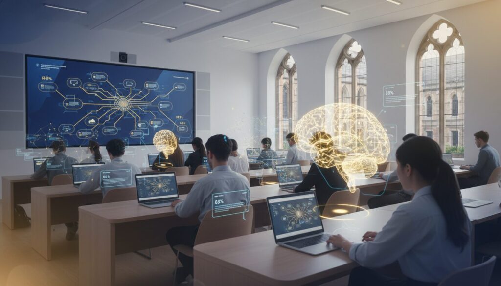 University lecture hall with diverse students, holographic neural networks, Gothic architecture, tech-forward design.