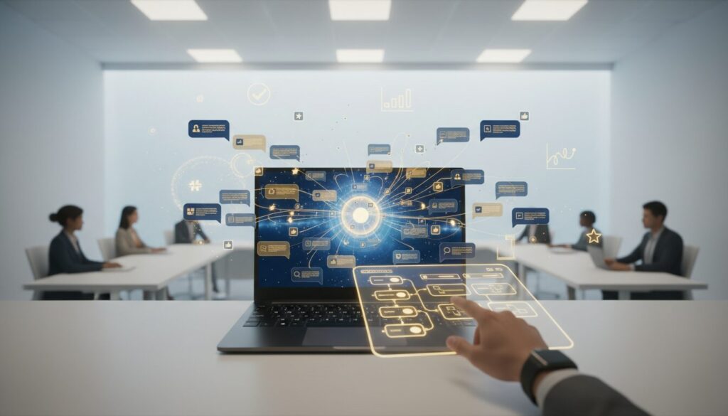 Workspace with laptop showing AI interface, message bubbles, diverse professionals, warm lighting.
