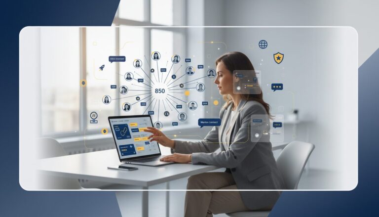 Career counselor uses holographic interface in tech-enabled office, vibrant blue and yellow accents.