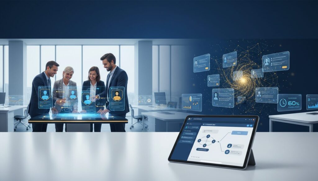 Career counselors use AI interface in modern office; digital assistant organizes consultations.