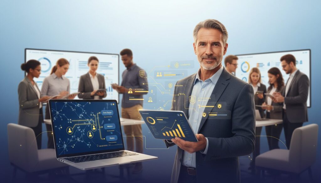 Diverse professionals learning with AI tools, sleek laptop, career charts, warm lighting, modern workspace.