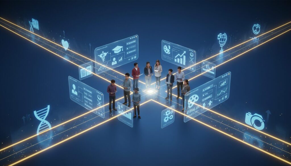 Diverse students at futuristic crossroads with holographic career pathways and AI interfaces.