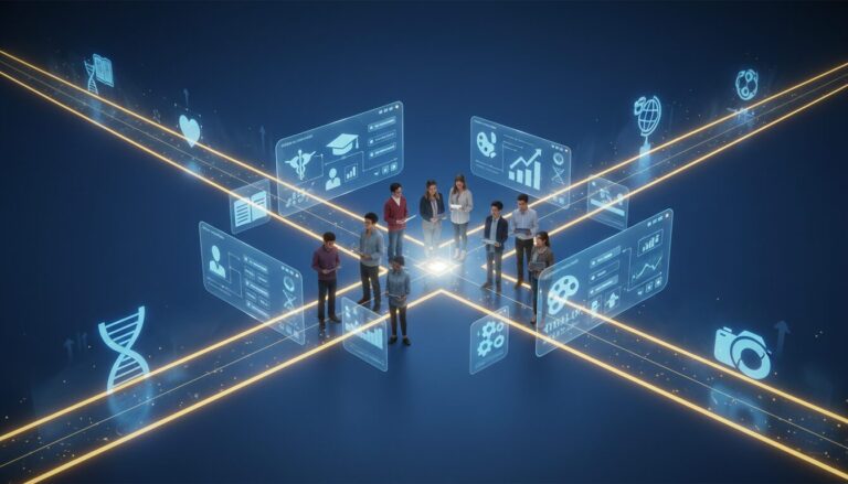 Diverse students at futuristic crossroads with holographic career pathways and AI interfaces.