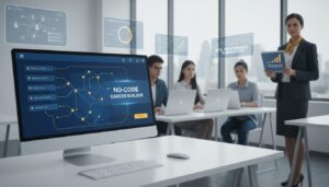 Diverse students at workstations with AI interfaces, educator with tablet, modern classroom setting.