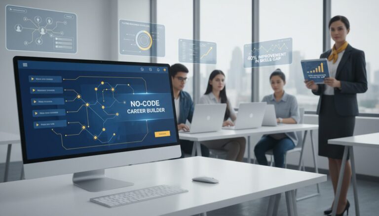 Diverse students at workstations with AI interfaces, educator with tablet, modern classroom setting.