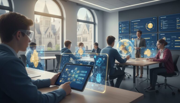 Diverse students in a modern classroom using holographic AI tutors and tablets, warm lighting, blue-yellow theme.