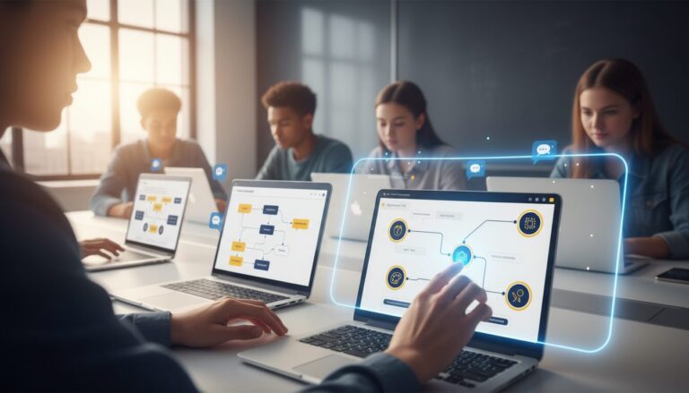 High school students using holographic AI displays in a modern computer lab.