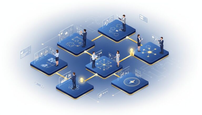 Isometric career journey map with diverse professionals on blue platforms linked by golden lines.