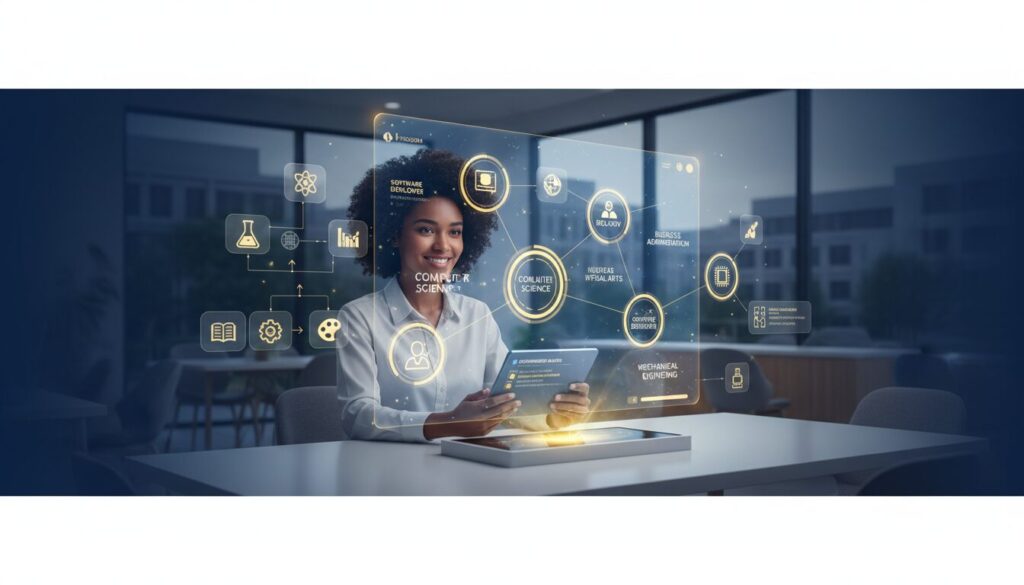 Modern AI college guidance with holographic interface, diverse professional, deep blue and gold theme.