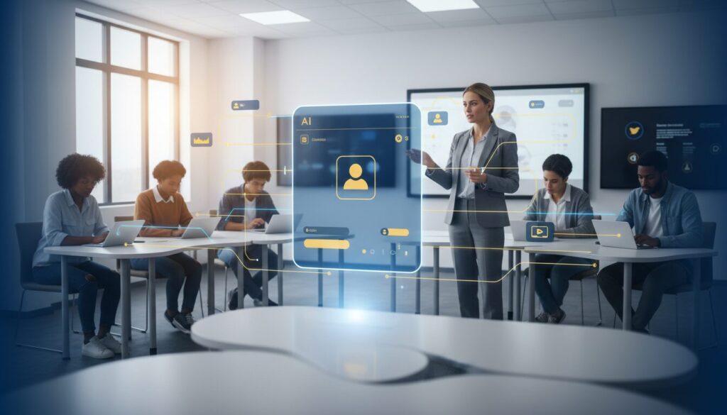 Modern classroom with AI chatbot, diverse students using tech, and an educator engaged with the interface.