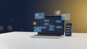 Modern desk with laptop showing career workflow diagram, holographic career icons, smartphone notifications, deep blue to golden gradient.