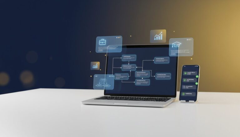 Modern desk with laptop showing career workflow diagram, holographic career icons, smartphone notifications, deep blue to golden gradient.
