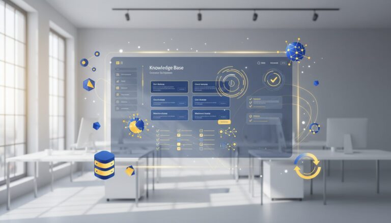 Modern digital workspace with holographic knowledge base, AI elements, blue and yellow color scheme.