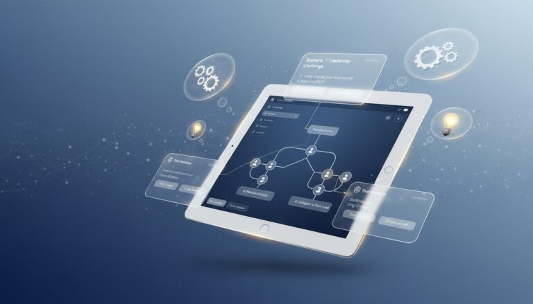 Modern digital workspace with holographic quiz interface, tablet showing decision tree, thought bubbles, soft gradient background.
