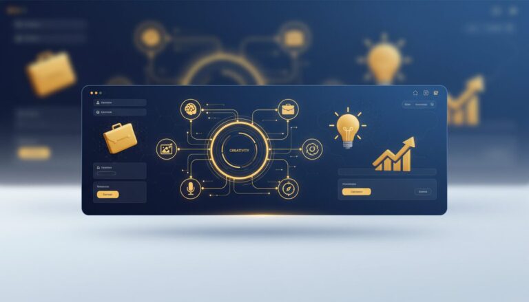 Modern interface with AI career assessment, circular profile wheel, career icons, blue and gold scheme.