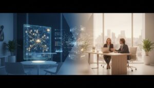 Modern workspace split with AI interface and human counselor, blue and yellow tones, seamless blend.