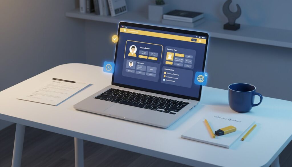 Modern workspace with AI job coaching on laptop, resume, notes, coffee on white desk.