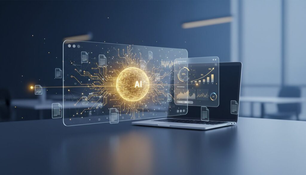 Modern workspace with holographic interface showing document uploads to neural network, glowing AI core, and rising accuracy metrics.