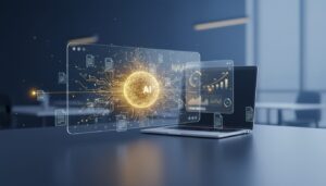 Modern workspace with holographic interface showing document uploads to neural network, glowing AI core, and rising accuracy metrics.