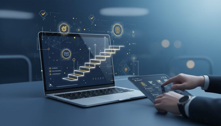 Modern workspace with laptop showing career path, holographic AI elements, and tablet interface.