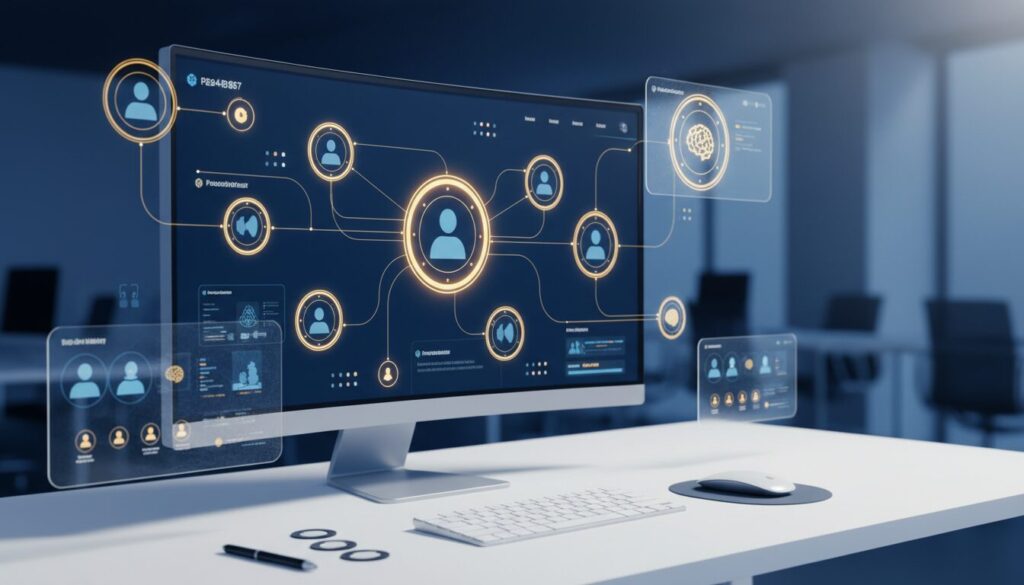 Modern workspace with sleek monitor showing personality assessment in blue and gold hues, ambient lighting.