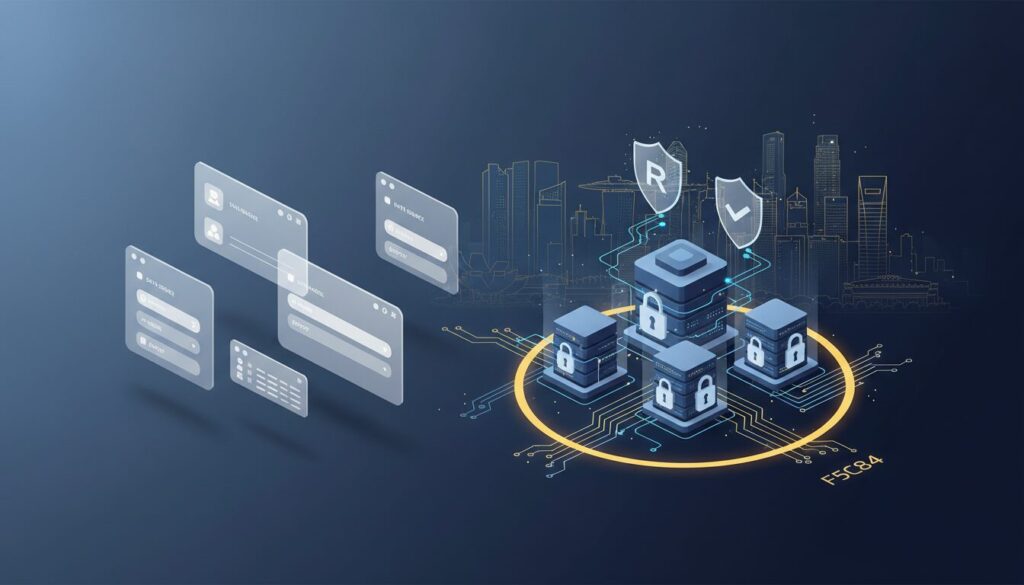 Data compliance scene with Singapore skyline, golden nodes, and UI panels on blue gradient.