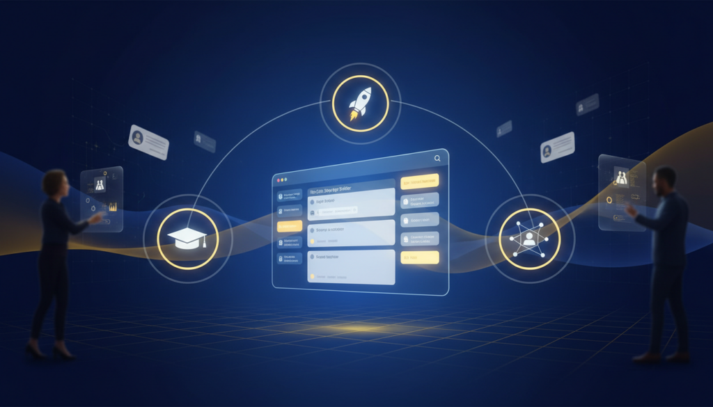 Dynamic startup launchpad concept with holographic app builder, glowing nodes, and tech elements on a deep blue gradient background.