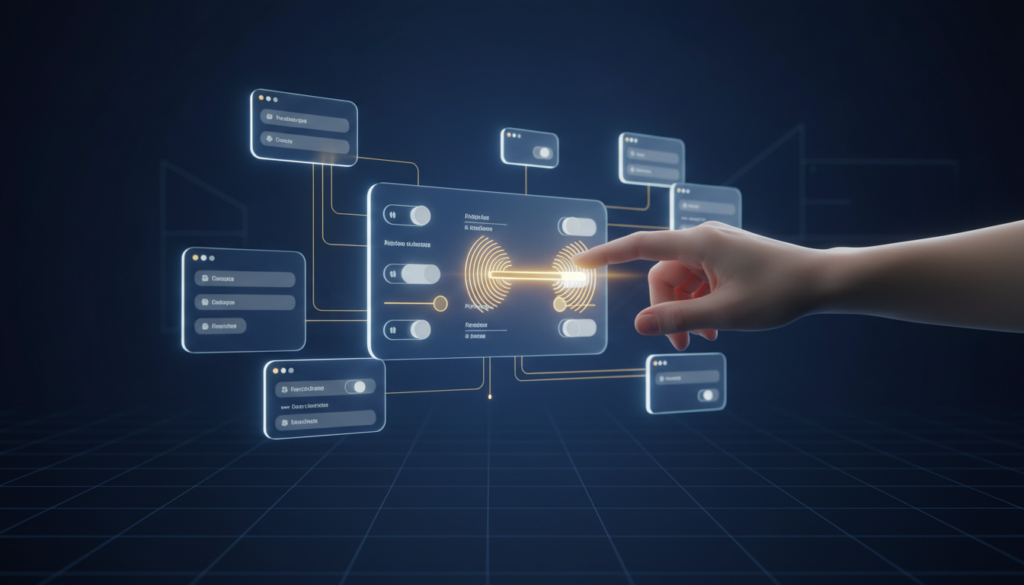 Futuristic 3D UI with glowing blue dashboard, golden slider, modular tiles, hand interaction.