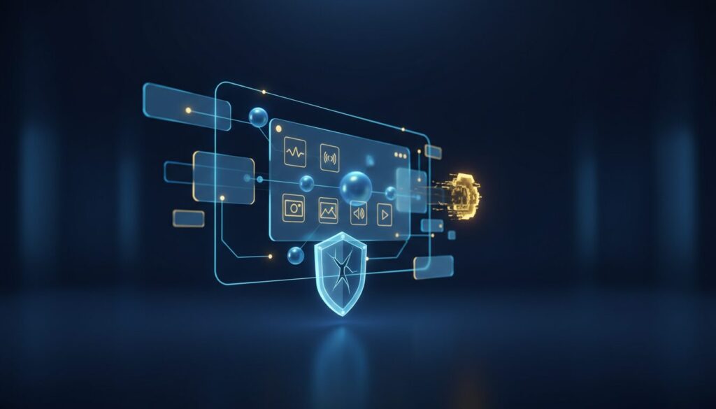 Futuristic AI dashboard with glowing nodes, holographic panels, and a ghostly data token.
