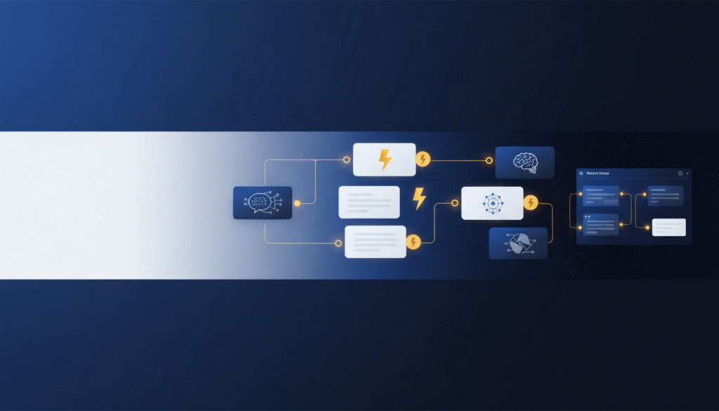 Futuristic no-code dashboard with AI nodes, glowing connections, cinematic lighting.